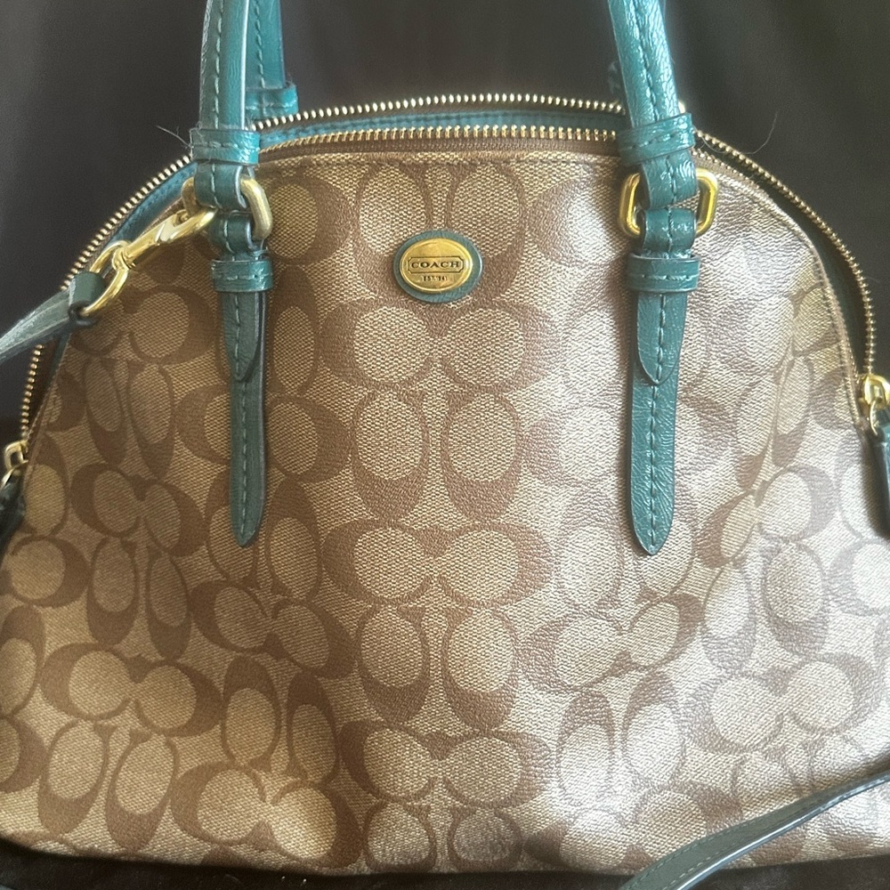 Coach Brown Signature Dome Satchel with Teal Handles